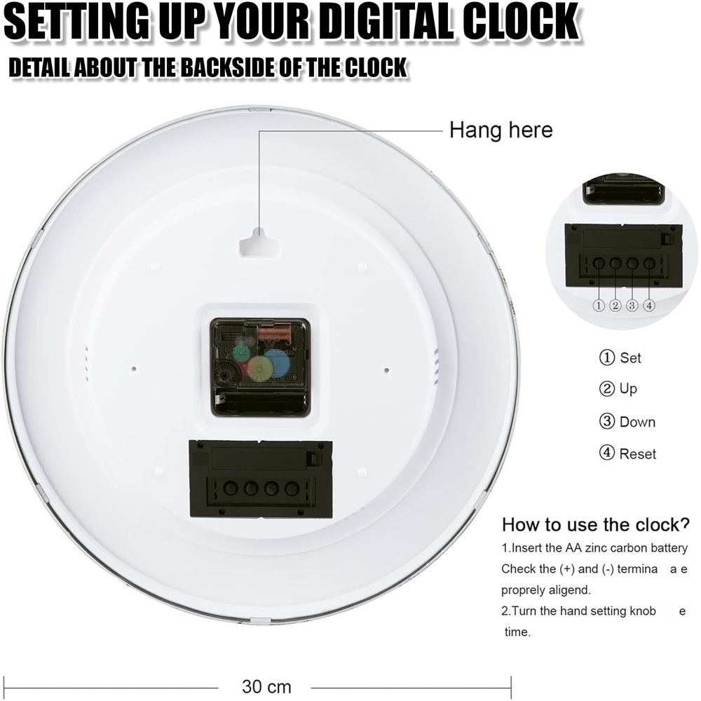 ATEK Black Silent Digital Wall Clock with Date Day and Temperature Display 30cm Image 7