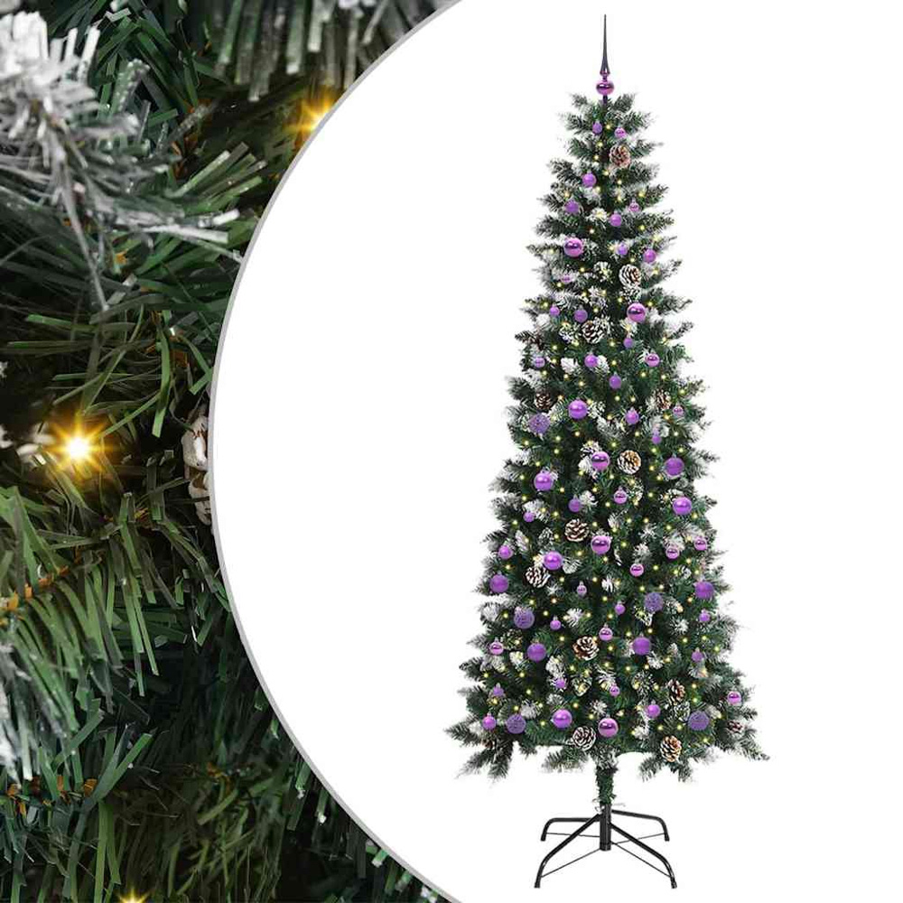 vidaXL Pre-Lit Lilac Baubles Green Artificial Snow Tipped Christmas Tree 8ft Image 2