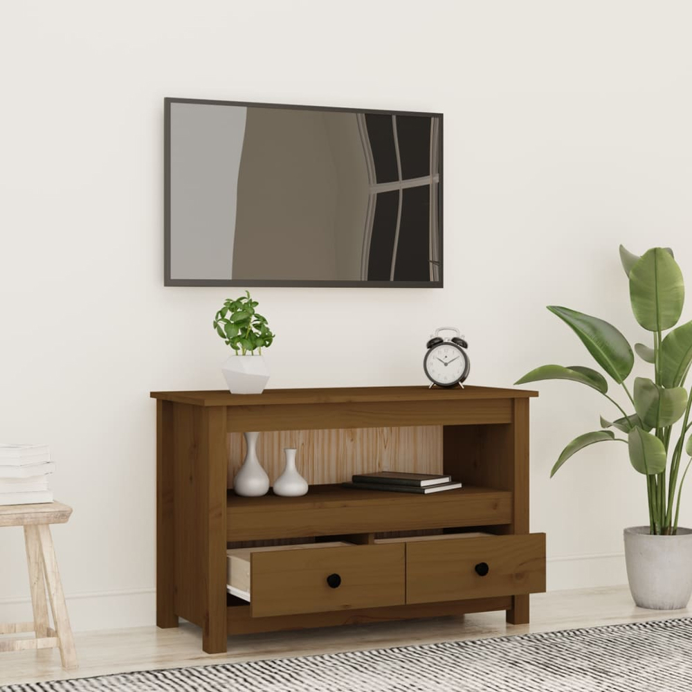 vidaXL 2 Drawer Single Shelf Honey Brown Solid Pine Wood TV Cabinet Image 3