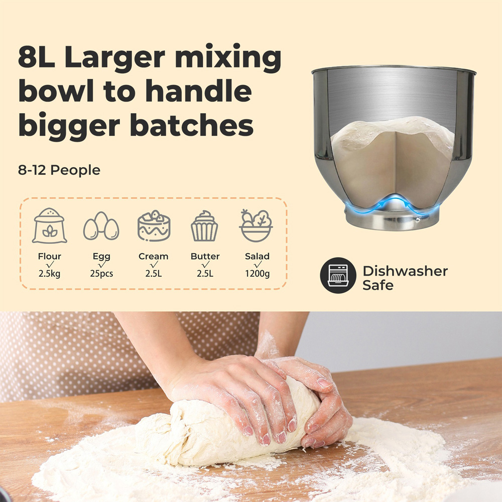 Spector MIX1001-8L-UK Stainless Steel Mixing Bowl Electric Food Stand Mixer 8L 1300W Image 8