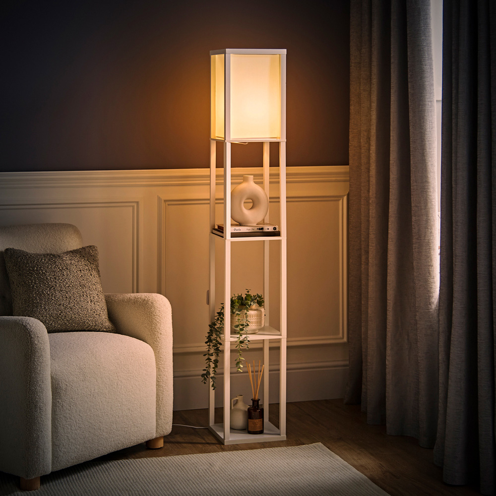 ValueLights Struttura 3 Shelf Fabric Shade White Shelving Unit Floor Lamp Image 6