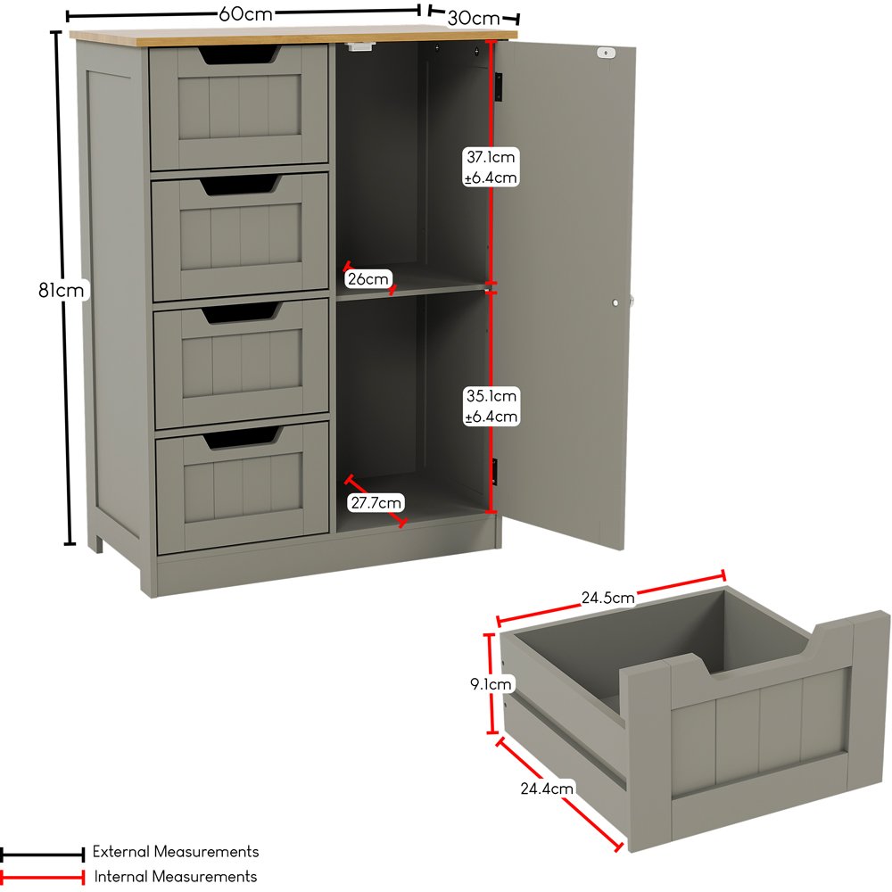 Bath Vida Priano Single Door 4 Drawer Grey Floor Cabinet Image 7