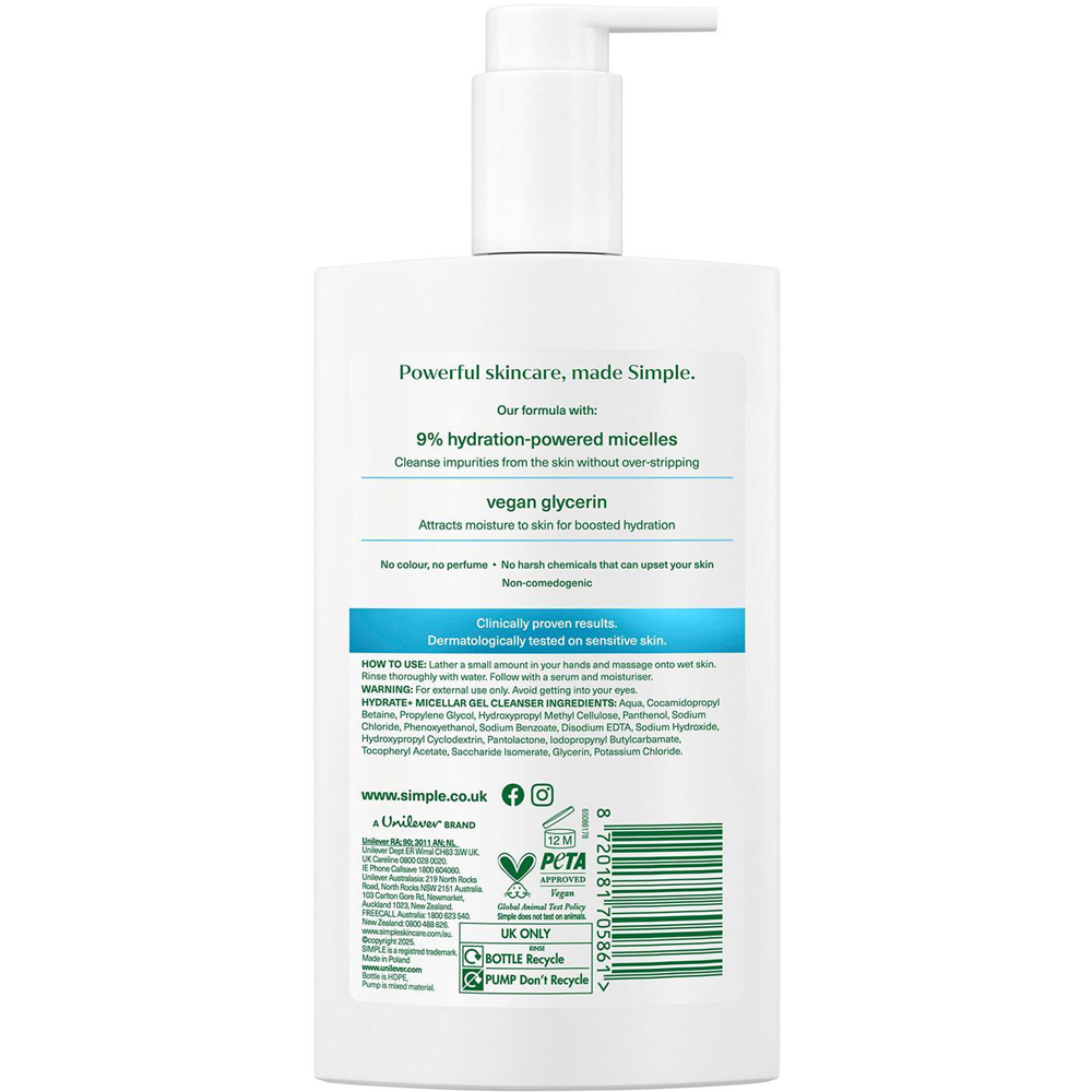 Simple Hydrate+ Micellar Facial Cleanser Refreshing Gentle Face Wash 240ml 3 Pack Image 3
