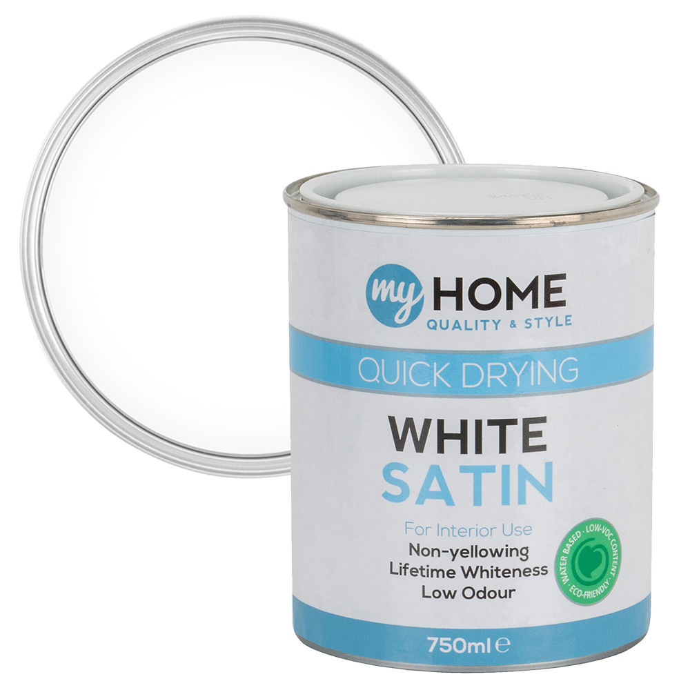 My Home Multi Surface White Satin Quick Dry Paint 750ml Image 1