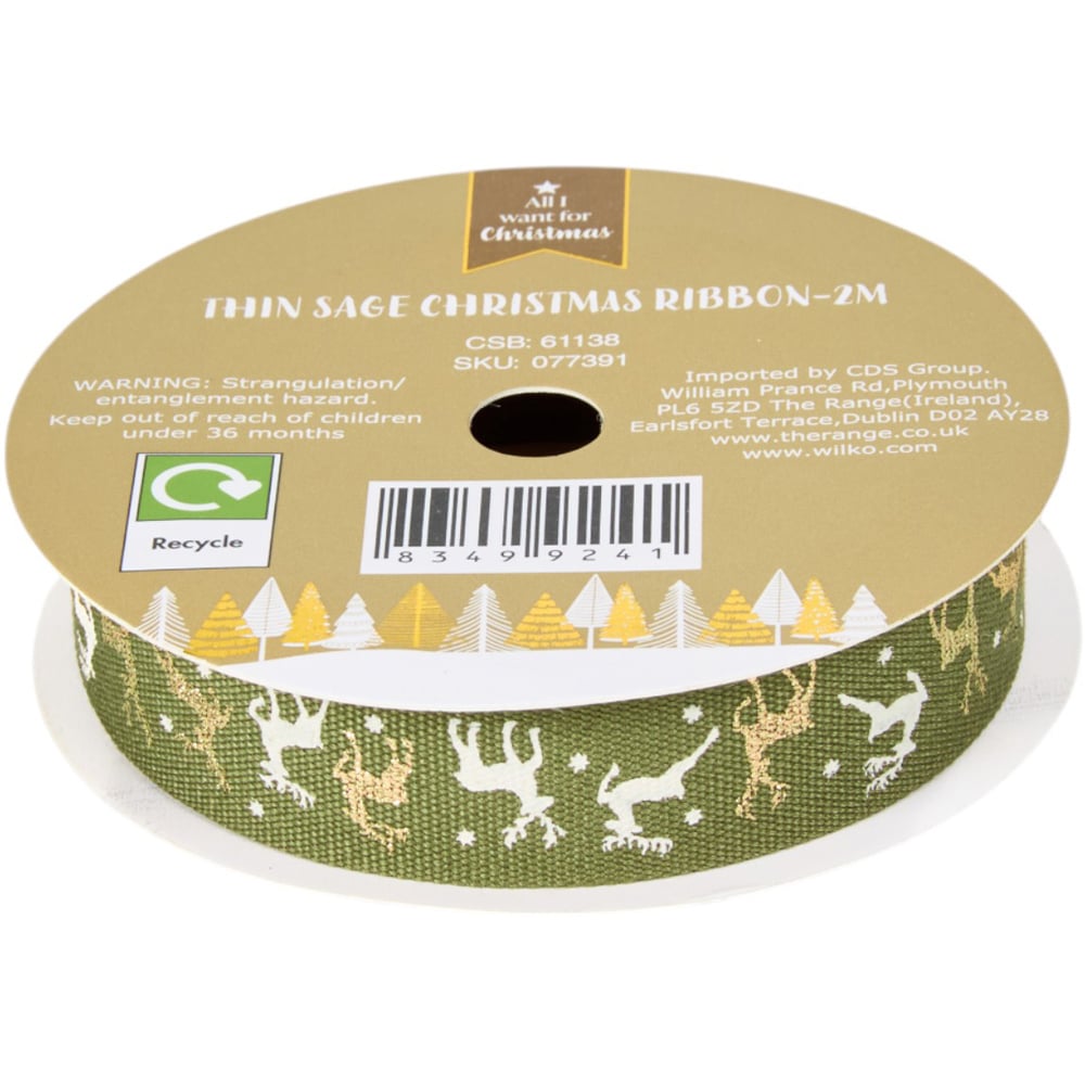 Pack of 3 Thin Sage Christmas Ribbons - Sage Green Image 7