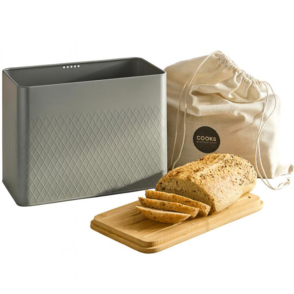 Cooks Professional Dark Grey Diamond Pattern Bread Bin with Linen Bag and Bamboo Lid Image 1