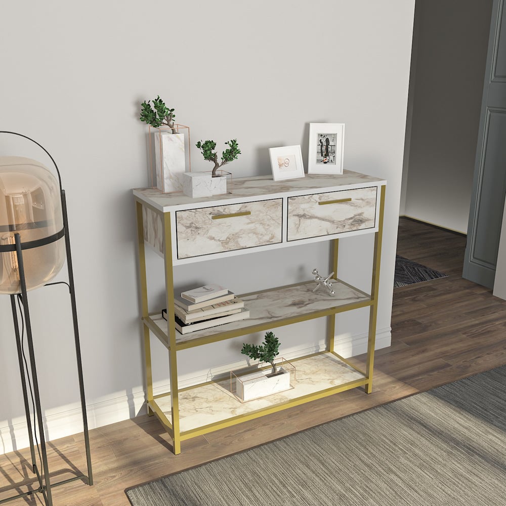 Decorotika Latho 2 Drawer and 2 Shelf White Marble Effect Sideboard Image 7