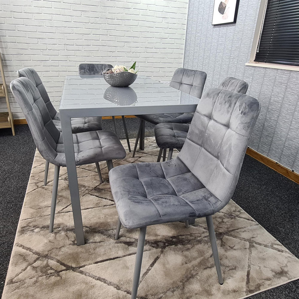 Kosy Koala 6 Seater Glass and Velvet Rectangular Dining Set Grey Image 4