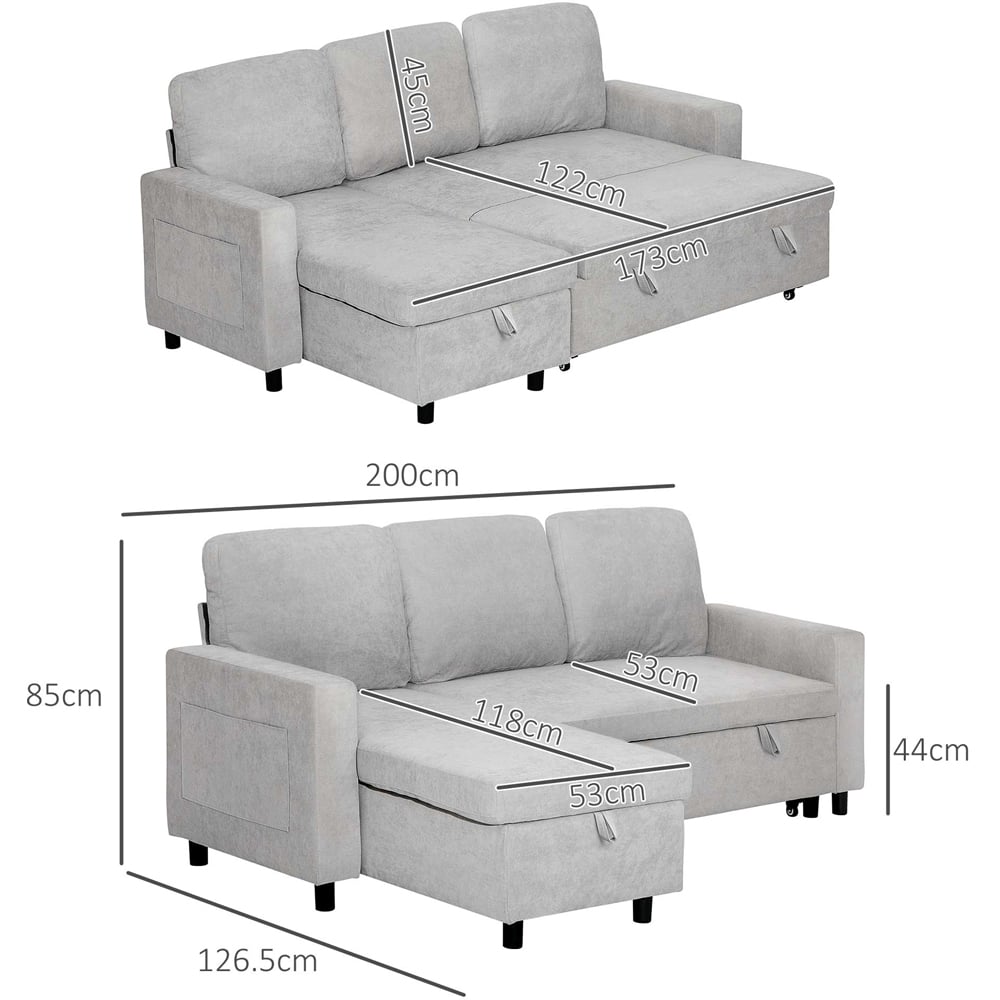 HOMCOM 3 Seater Light Grey L Shaped Convertible Pull Out Corner Sofa Bed with Storage Image 7