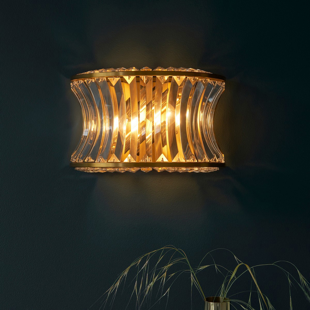 Merano Vittoria Warm Brass Plate Crystal Clear Glass Wall Lamp Image 2