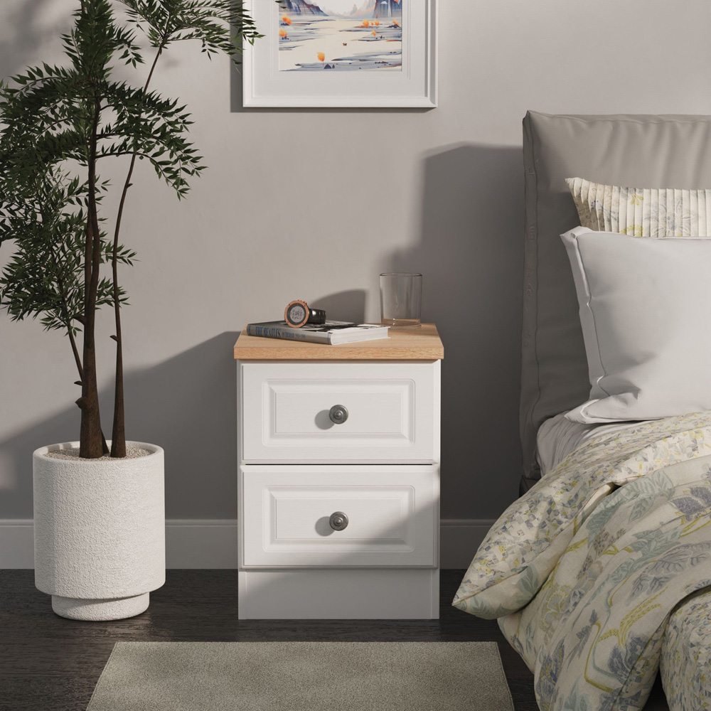 Crowndale Norfolk 2 Drawer White Ash and Bardolino Oak Compact Bedside Cabinet Ready Assembled Image 7