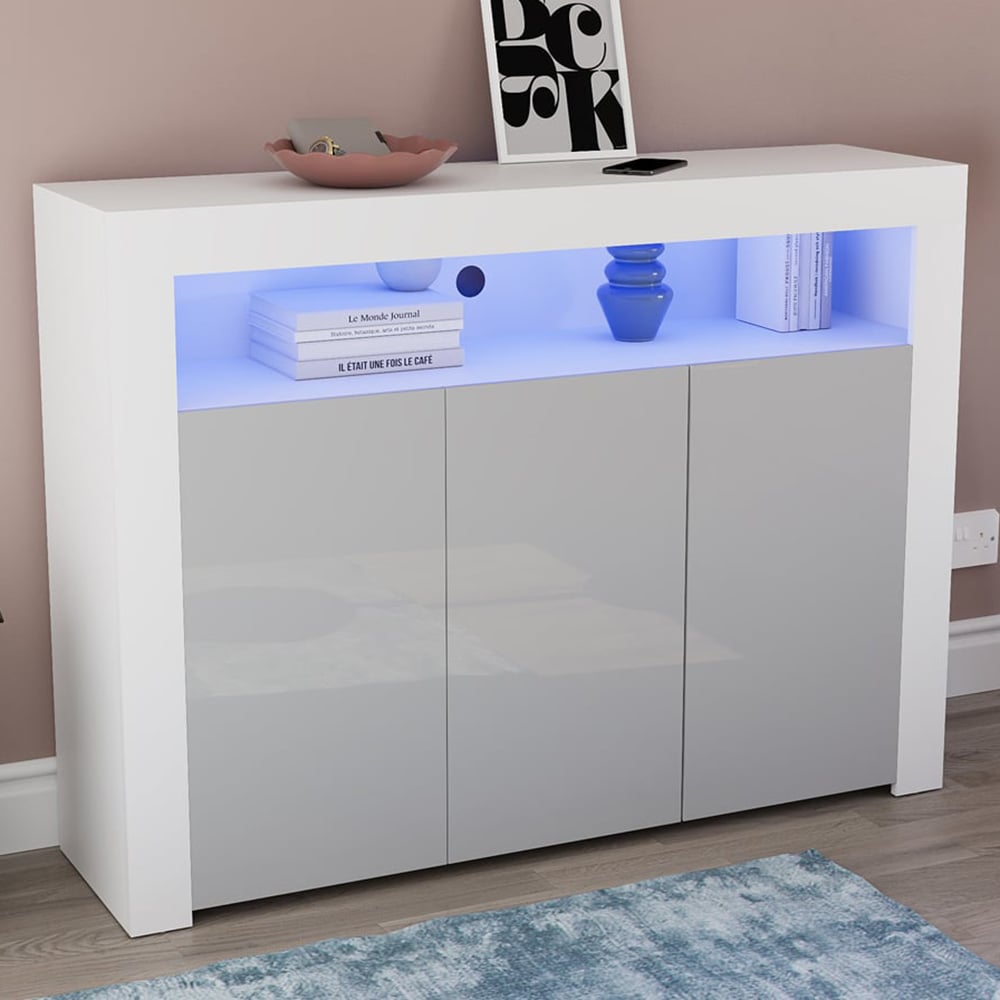 Vida Designs Nova 3 Door White and Grey LED Sideboard Image 1