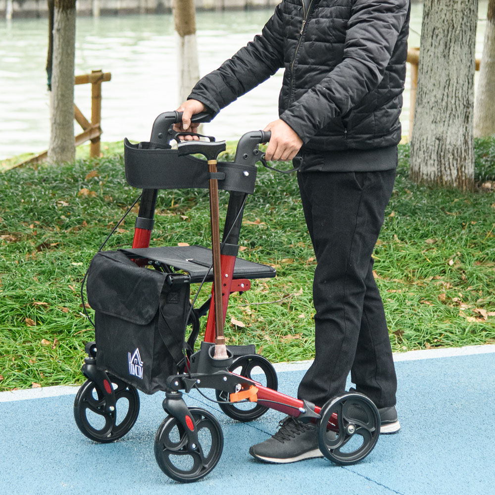 HOMCOM Red 4-Wheel Foldable Rollator Walker with Seat and Storage Bag Image 2
