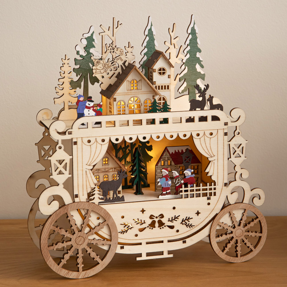 Samuel Alexander Warm White LED Wooden Christmas Carriage Village 25cm Image 2