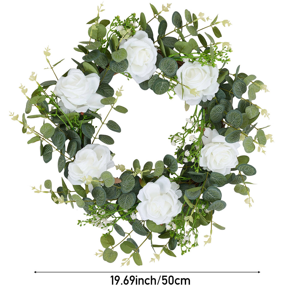 Living and Home Artificial White Rose and Eucalyptus Door Wreath 50cm Image 8