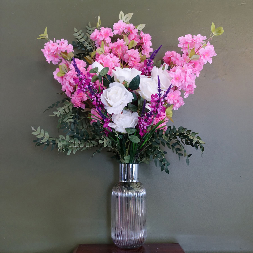 Leaf Pink Blossom White Rose Artificial Flower Bundle with Glass Vase 100cm 13 Pack Image 2