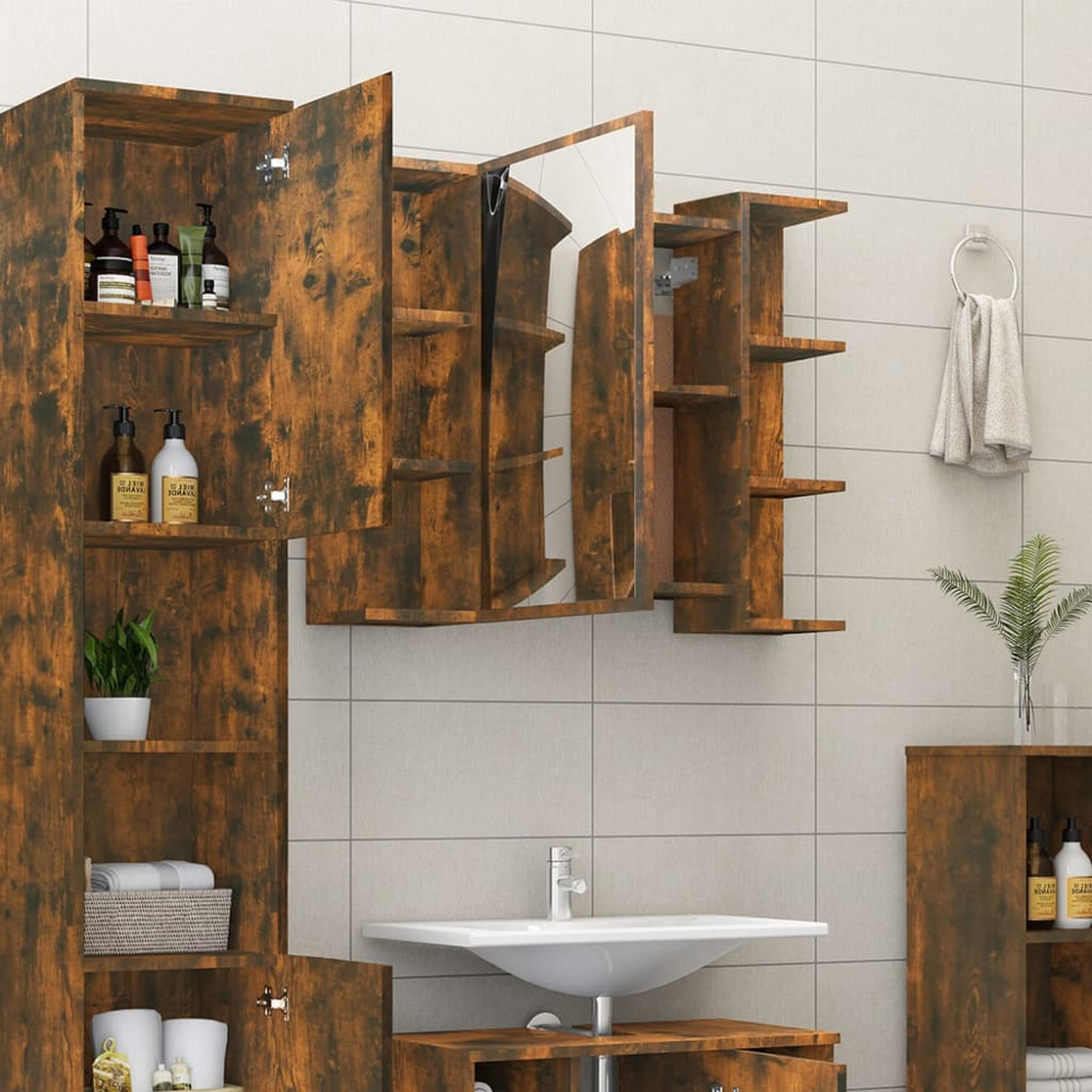 vidaXL Single Door 6 Shelf Smoked Oak Bathroom Mirror Cabinet Image 7