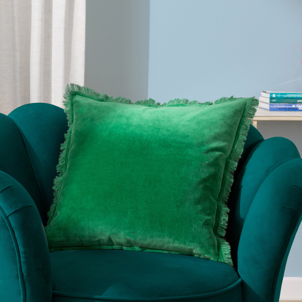 furn. Gracie Emerald Green Velvet Fringed Cushion Image 2