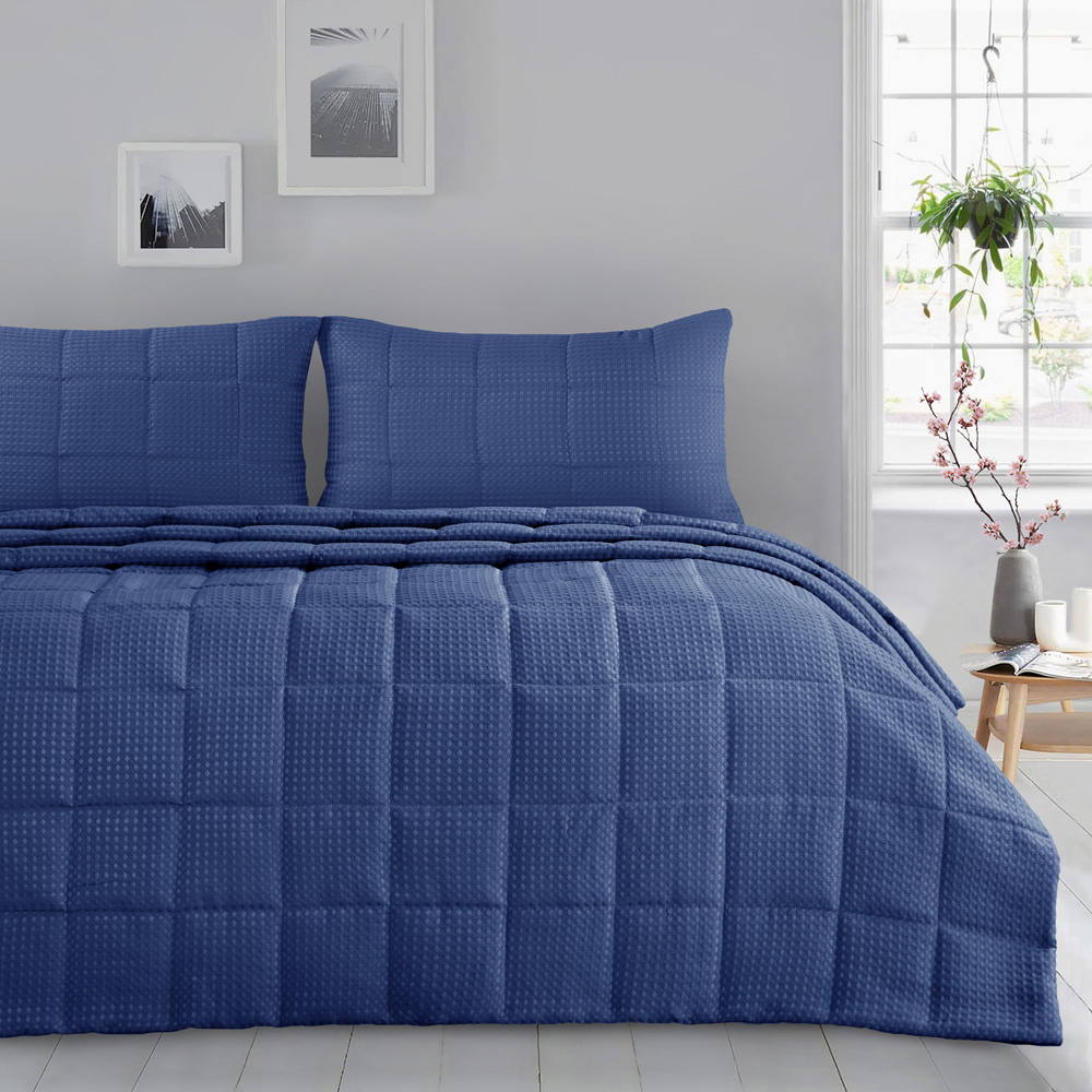 Velosso Waffle Navy Weave Bedspread Set 235 x 235cm Image