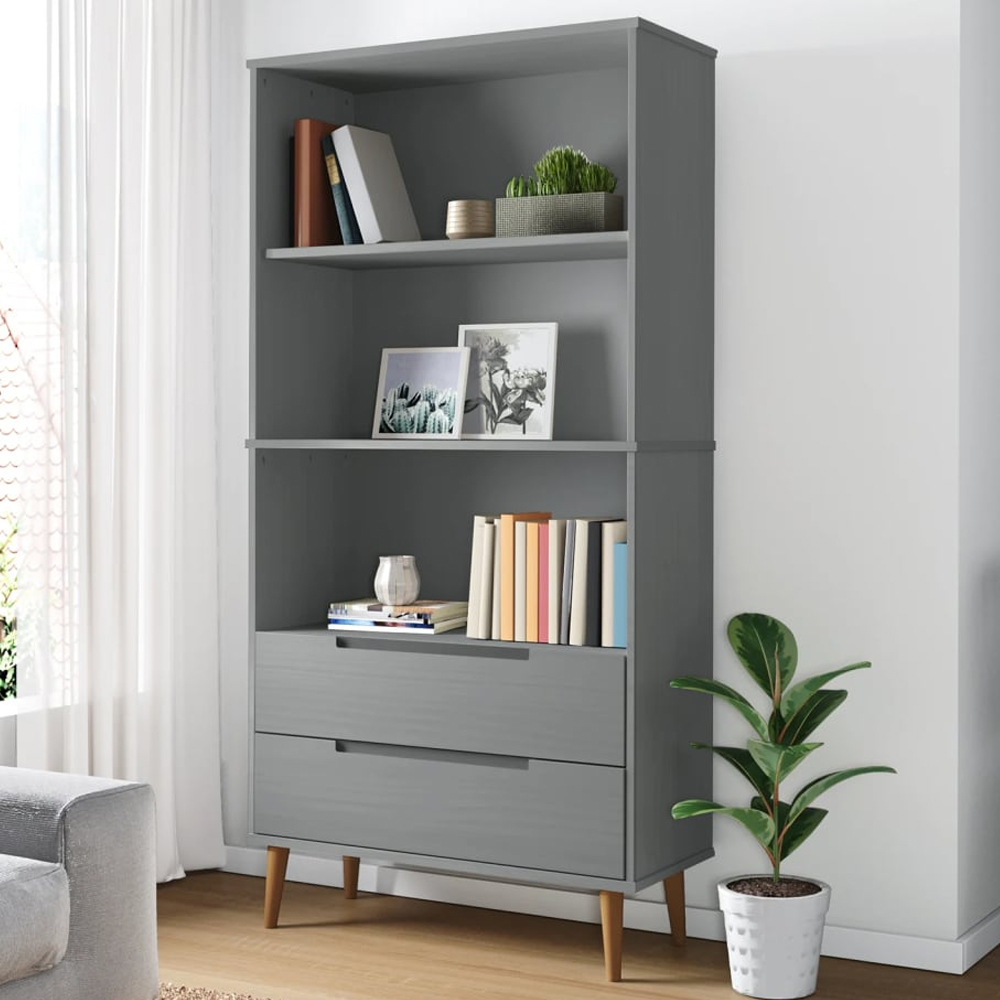 vidaXL 2 Drawer 3 Shelf Grey Pine Wood Bookcase Image 1