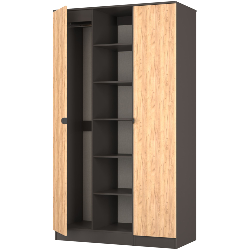Crowndale Bora 2 Door 6 Shelf Gold Oak and Graphite Triple Wardrobe Image 5