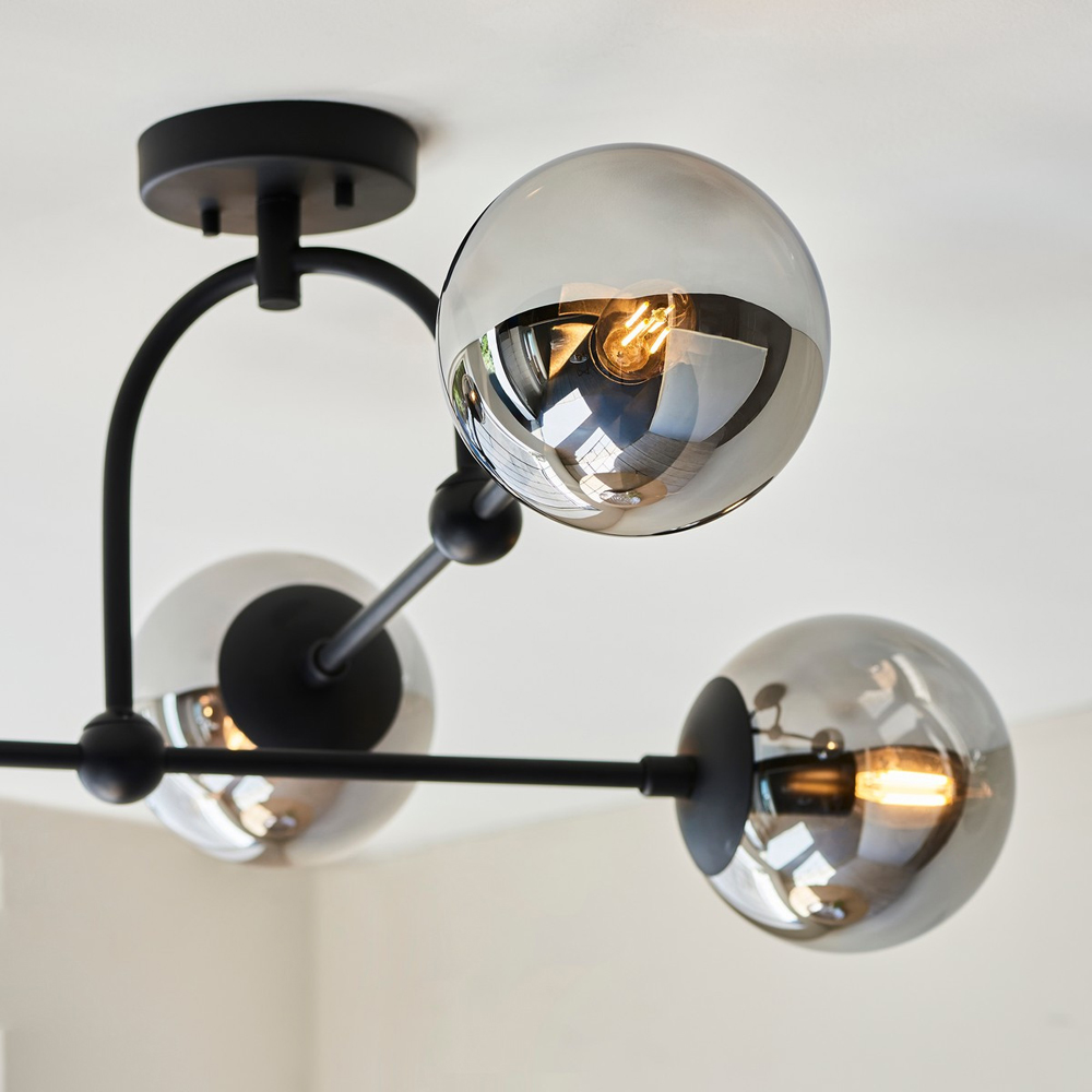Merano Trieste Smoked Mirror Glass Matt Black Globe Ceiling Light Image 4