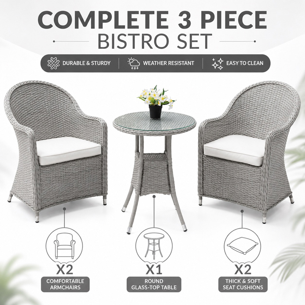 Shatchi Sorrento 2 Seater Light Grey Rattan Aluminium Bistro Set Image 6