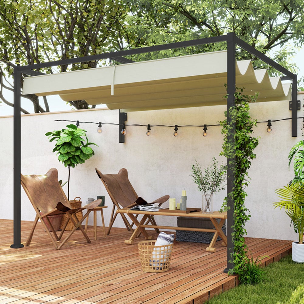 Outsunny 2 x 3m Khaki Wall Mounted Pergola with Retractable Roof Image 1