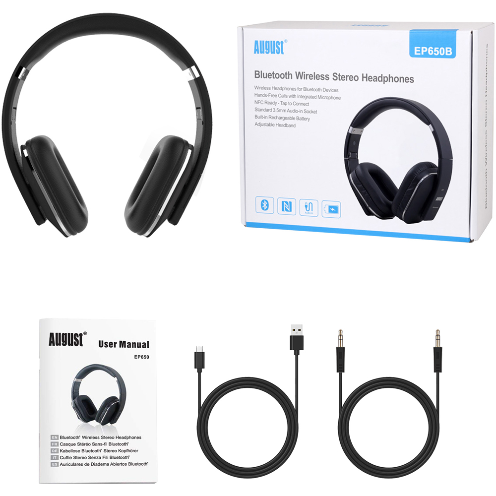 August EP650B Black Wireless Low Latency NFC Bluetooth Headphones with Mic Image 6