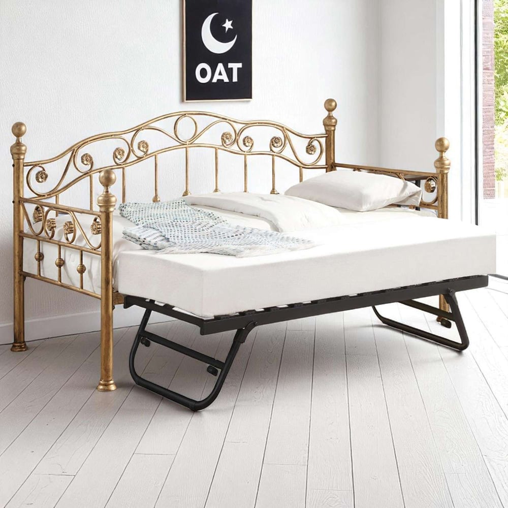 OAT Home Mayfair Single Antique Brass Effect and Black Guest Trundle Metal Day Bed Image 6