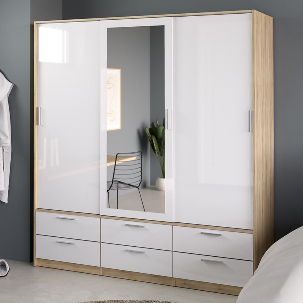 Florence Line 3 Door 6 Drawer Oak and White High Gloss Wardrobe Image 1