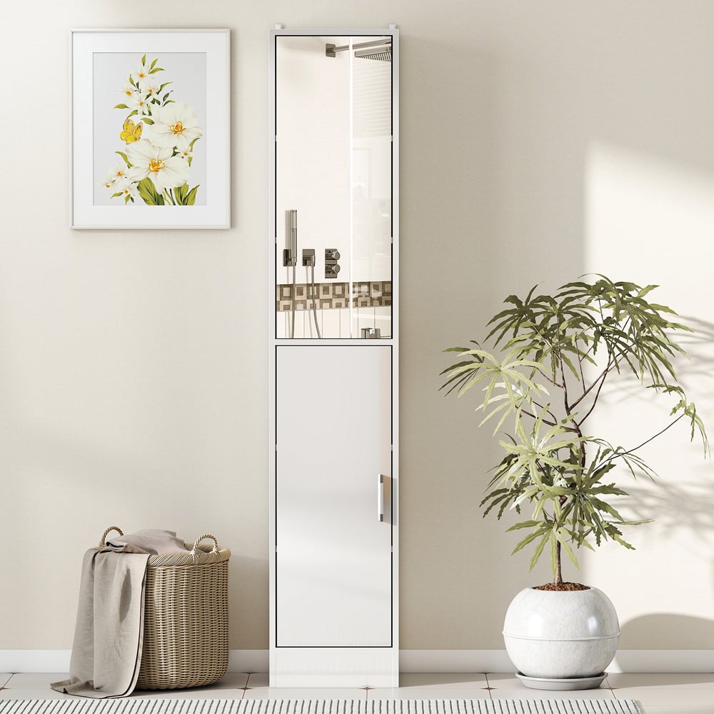 Kleankin Single Door High Gloss White Tall Bathroom Cabinet with Mirror Image 4