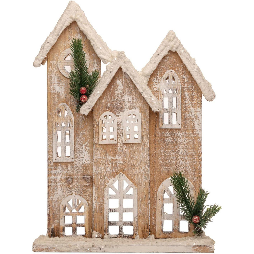 Shatchi Warm White LED Wooden House Snow Covered Cottage Village Decoration Image 1