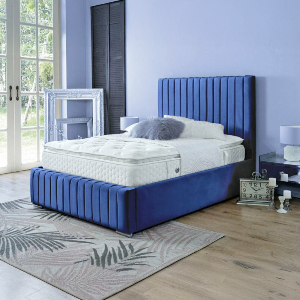 DS Living Savoy Super King Size Blue Panel Line Soft Velvet Bed Frame Image 4