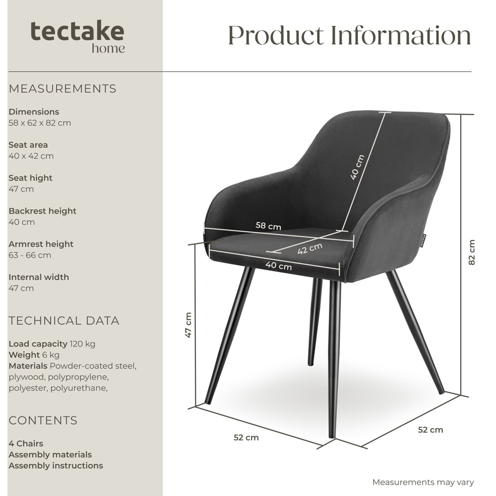 tectake Marilyn Set of 4 Anthracite Black Corduroy Padded Dining Chair Image 9