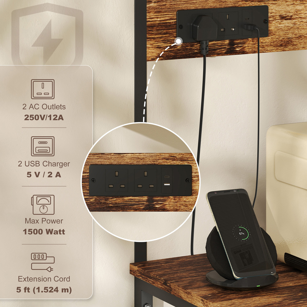 Portland 4 Shelf Brown Bakers Rack with Power Outlet Image 8