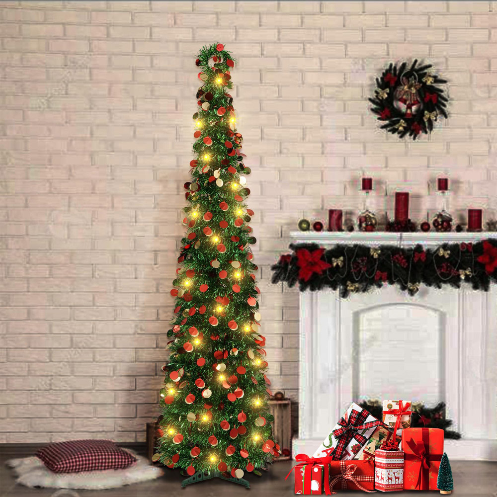 AMOS Warm White LED Red and Gold Circular Pieces Artificial Green Tree 5ft Image 2