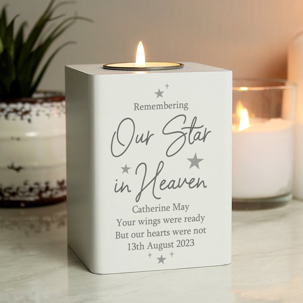 Personalised Memento White Wooden Personalised Our Star In Heaven Tea light Holder Image 2