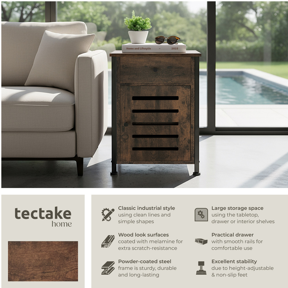 Tectake Waterford Single Door Single Drawer Rustic Dark Wood Bedside Table Image 3
