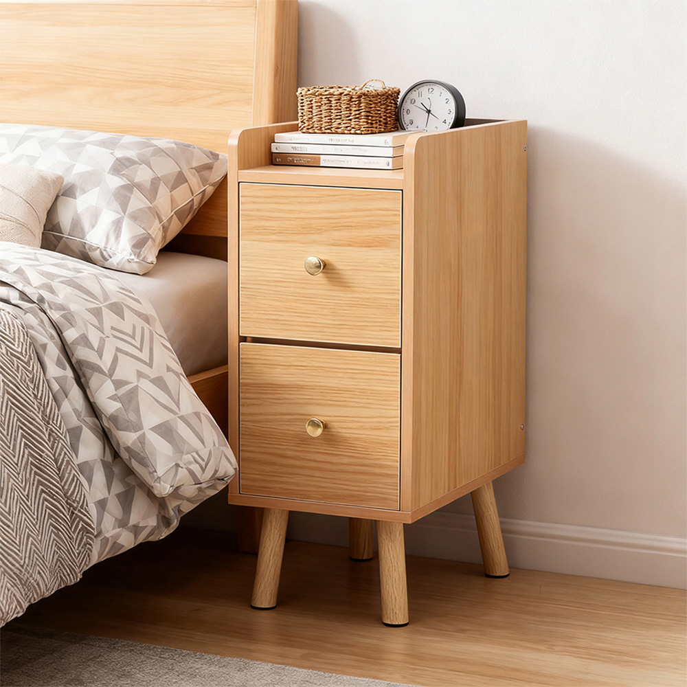 Living and Home 2 Drawer Natural Wooden Bedside Table with Raised Edge Guard Image 7