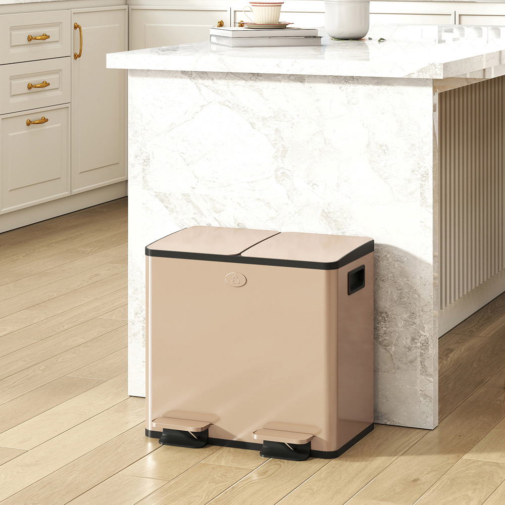 HOMCOM Gold Tone Stainless Steel Double Pedal Bin with Soft-Close Lid 30L Image 2