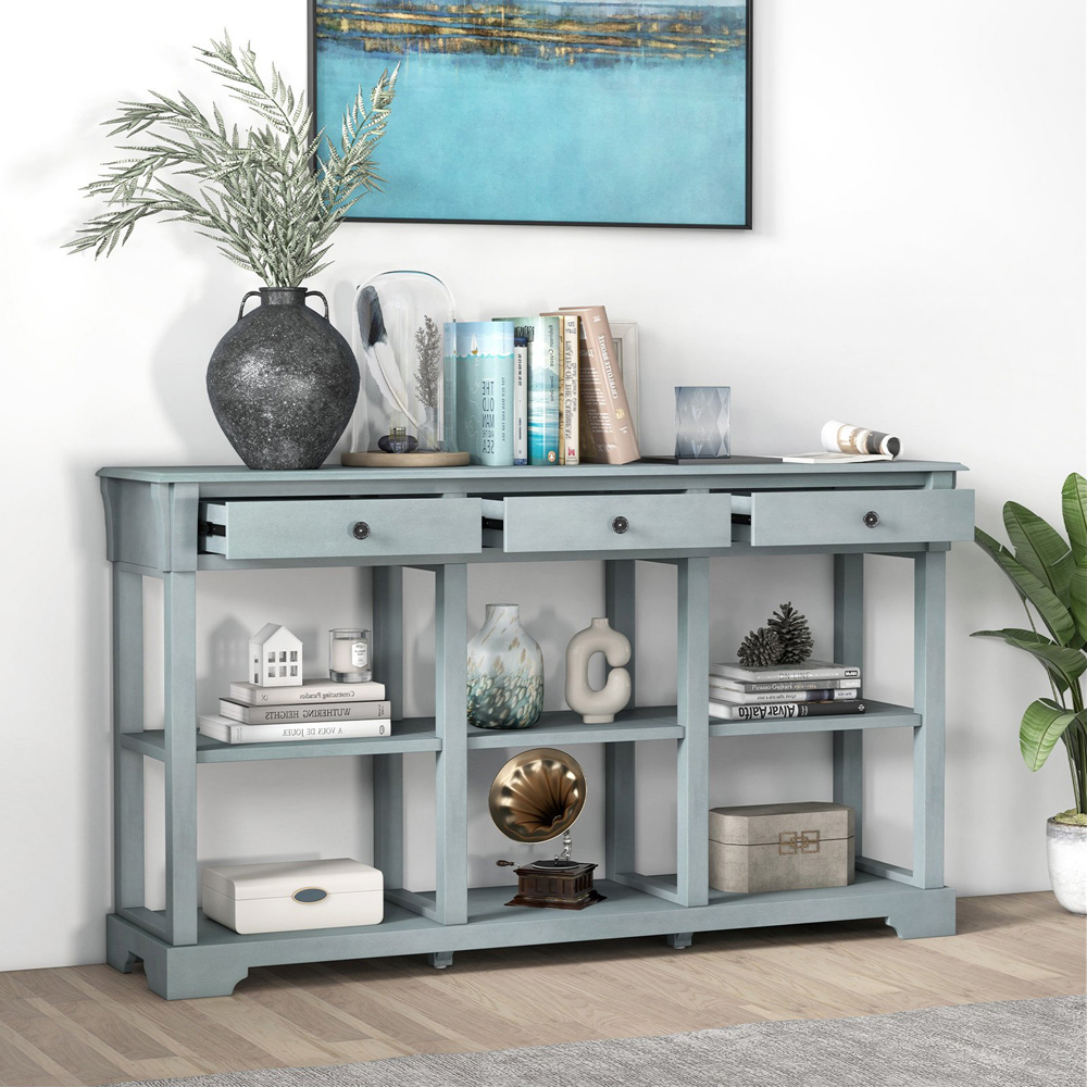 Costway 3 Drawer Open Shelf Blue Retro Console Table Image 5