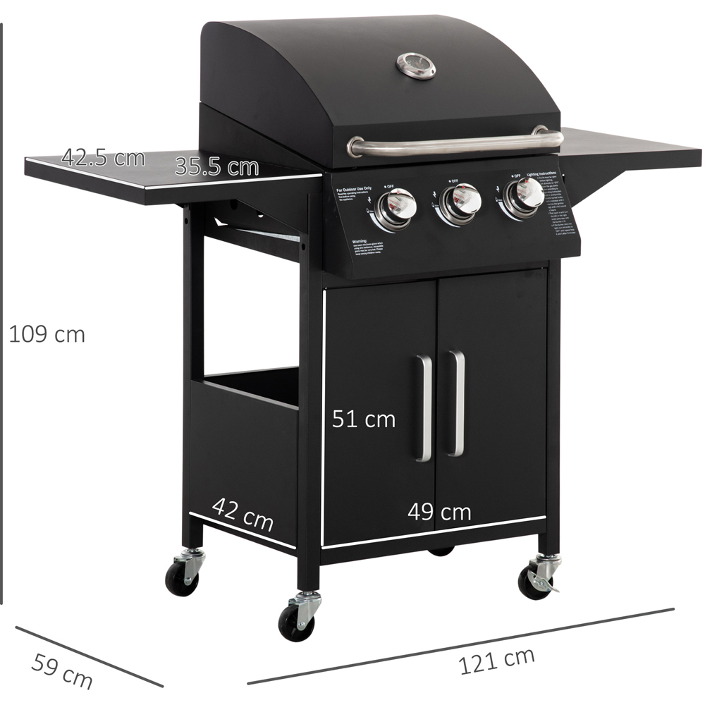 Outsunny Black 3 Burner Gas BBQ Grill with Side Shelves Image 8