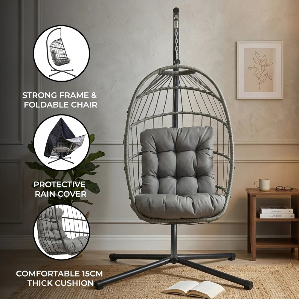 MonsterShop Grey Rattan Hanging Egg Chair Image 5