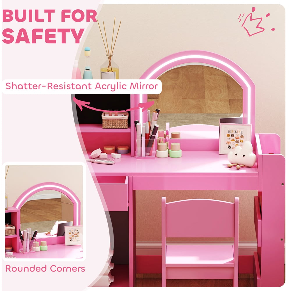 AIYAPLAY 2 Piece Pink LED Mirror Kids Dressing Table and Stool Set Image 7