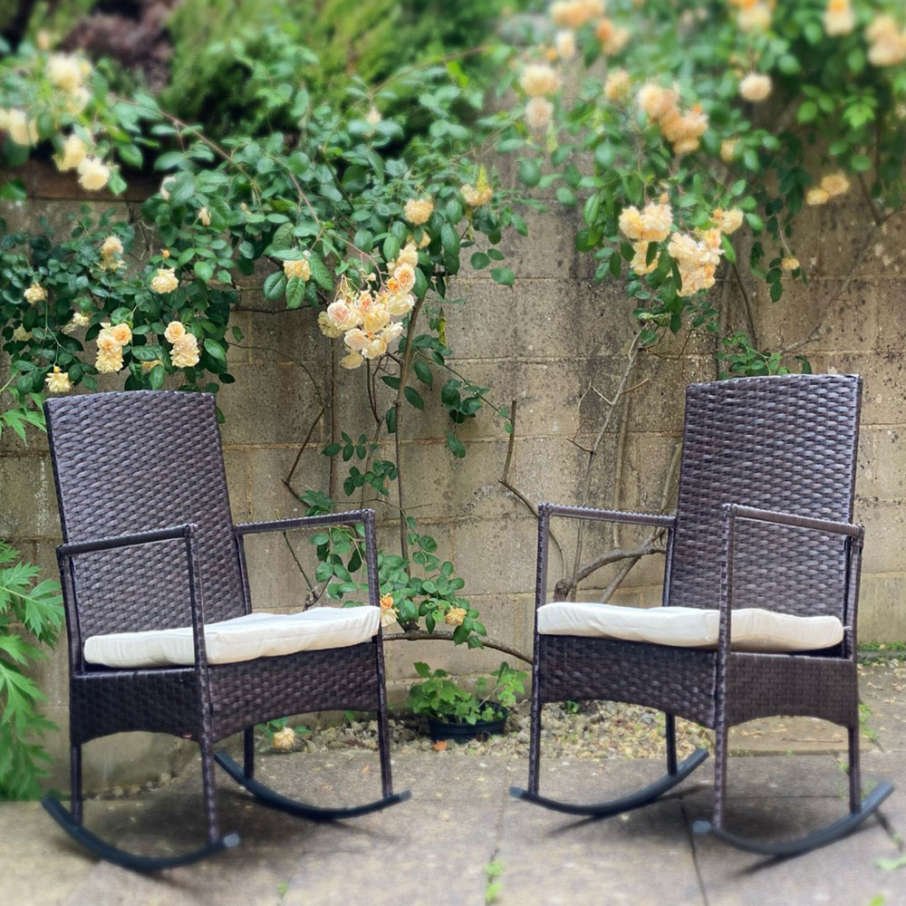 Furniture One 2 Seater Brown Rattan Garden Rocking Bistro Set Image 3