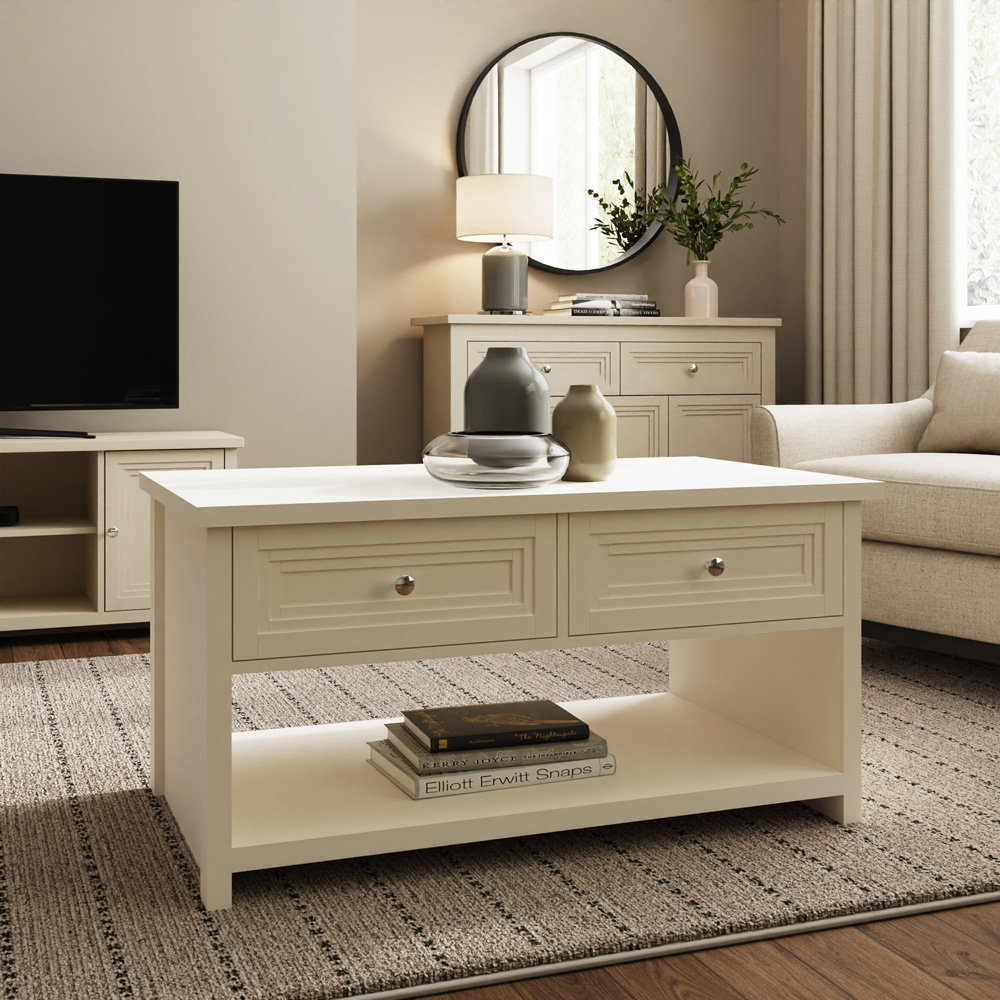 GFW Oakley 2 Drawer Single Shelf Limestone Coffee Table Image 8