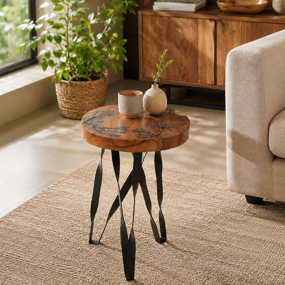 Premier Housewares Surak Teak Wood with Carving Round Stool Image 3