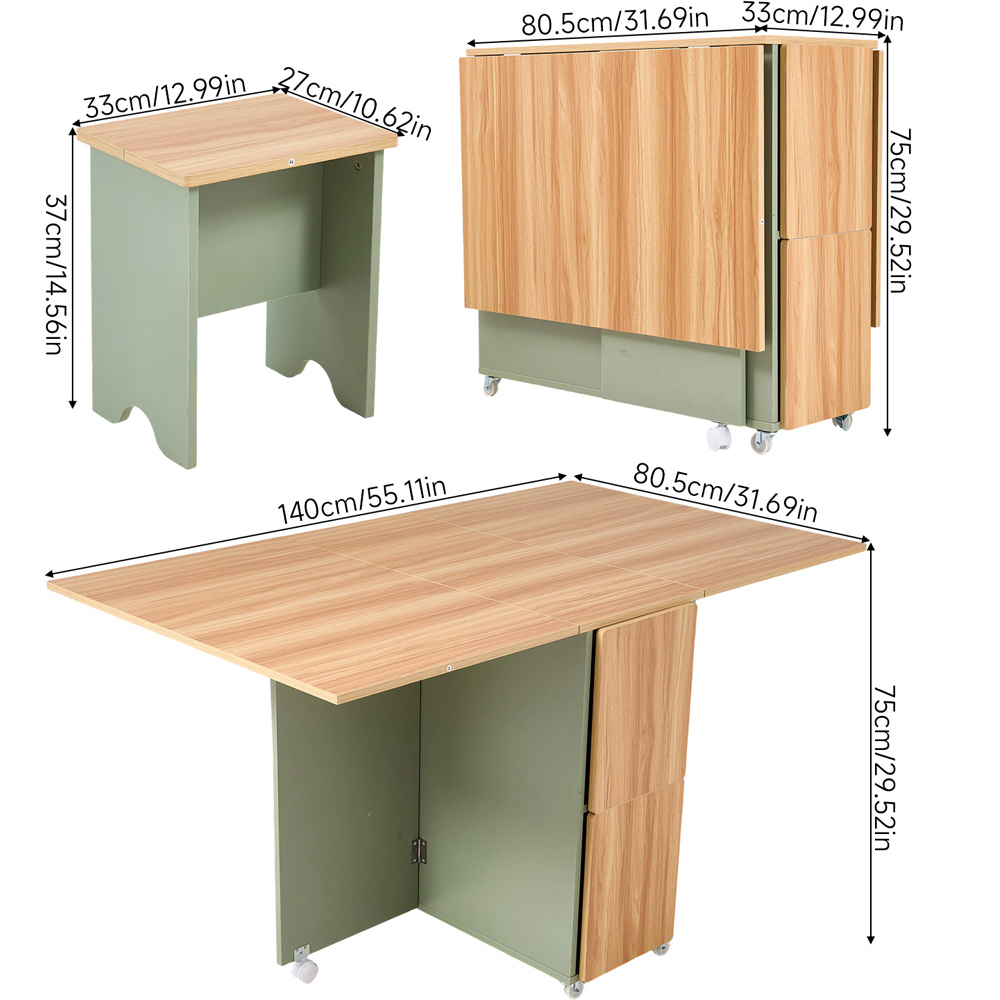 Living and Home 4 Seater Drop-Leaf Dining Table and Stool Set Green and Natural Wood Grain Image 9