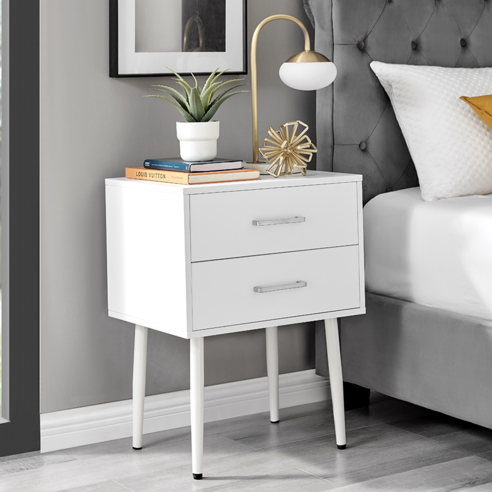 Furniturebox Tyler 2 Drawer White and Silver Small Bedside Table Image 1